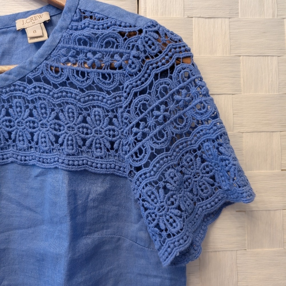 J.Crew Blue 100% Linen‎ Crochet Lace Yoke Short Sleeve Top C3489 Size 0 - Picture 5 of 14